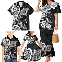 Hawaiian Manta Rays Family Matching Mermaid Dress and Hawaiian Shirt Tribal Hibiscus Polynesian Tattoos Black Color - Polynesian Pride