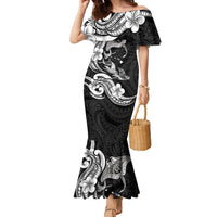 Hawaiian Manta Rays Family Matching Mermaid Dress and Hawaiian Shirt Tribal Hibiscus Polynesian Tattoos Black Color - Polynesian Pride