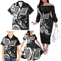 Hawaiian Manta Rays Family Matching Off The Shoulder Long Sleeve Dress and Hawaiian Shirt Tribal Hibiscus Polynesian Tattoos Black Color - Polynesian Pride
