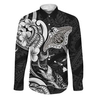 Hawaiian Manta Rays Family Matching Off The Shoulder Long Sleeve Dress and Hawaiian Shirt Tribal Hibiscus Polynesian Tattoos Black Color - Polynesian Pride