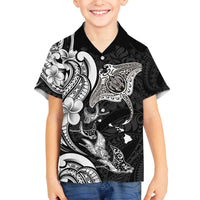 Hawaiian Manta Rays Family Matching Off The Shoulder Long Sleeve Dress and Hawaiian Shirt Tribal Hibiscus Polynesian Tattoos Black Color - Polynesian Pride