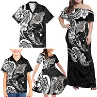 Hawaiian Manta Rays Family Matching Off Shoulder Maxi Dress and Hawaiian Shirt Tribal Hibiscus Polynesian Tattoos Black Color - Polynesian Pride