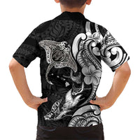 Hawaiian Manta Rays Family Matching Off Shoulder Short Dress and Hawaiian Shirt Tribal Hibiscus Polynesian Tattoos Black Color - Polynesian Pride