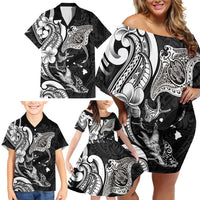 Hawaiian Manta Rays Family Matching Off Shoulder Short Dress and Hawaiian Shirt Tribal Hibiscus Polynesian Tattoos Black Color - Polynesian Pride