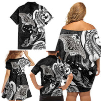 Hawaiian Manta Rays Family Matching Off Shoulder Short Dress and Hawaiian Shirt Tribal Hibiscus Polynesian Tattoos Black Color - Polynesian Pride