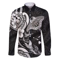 Hawaiian Manta Rays Family Matching Off Shoulder Short Dress and Hawaiian Shirt Tribal Hibiscus Polynesian Tattoos Black Color - Polynesian Pride