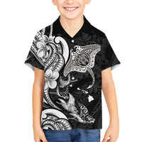 Hawaiian Manta Rays Family Matching Off Shoulder Short Dress and Hawaiian Shirt Tribal Hibiscus Polynesian Tattoos Black Color - Polynesian Pride