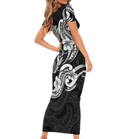 Hawaiian Manta Rays Family Matching Short Sleeve Bodycon Dress and Hawaiian Shirt Tribal Hibiscus Polynesian Tattoos Black Color - Polynesian Pride