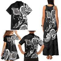 Hawaiian Manta Rays Family Matching Tank Maxi Dress and Hawaiian Shirt Tribal Hibiscus Polynesian Tattoos Black Color - Polynesian Pride