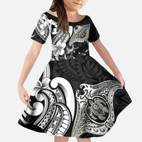 Hawaiian Manta Rays Kid Short Sleeve Dress Tribal Hibiscus Polynesian Tattoos Black Color LT03 KID Black - Polynesian Pride