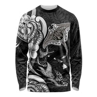 Hawaiian Manta Rays Long Sleeve Shirt Tribal Hibiscus Polynesian Tattoos Black Color - Polynesian Pride