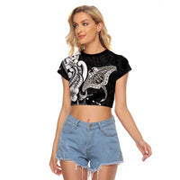 Hawaiian Manta Rays Raglan Cropped T Shirt Tribal Hibiscus Polynesian Tattoos Black Color LT03 Female Black - Polynesian Pride