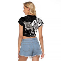 Hawaiian Manta Rays Raglan Cropped T Shirt Tribal Hibiscus Polynesian Tattoos Black Color LT03 - Polynesian Pride