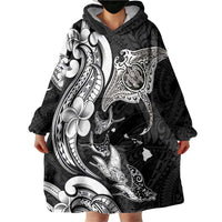 Hawaiian Manta Rays Wearable Blanket Hoodie Tribal Hibiscus Polynesian Tattoos Black Color - Polynesian Pride