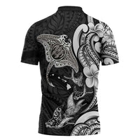 Hawaiian Manta Rays Zipper Polo Shirt Tribal Hibiscus Polynesian Tattoos Black Color - Polynesian Pride