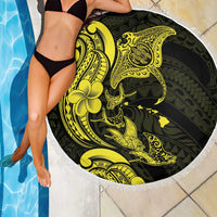 Hawaiian Manta Rays Beach Blanket Tribal Hibiscus Polynesian Tattoos Yellow Color - Polynesian Pride