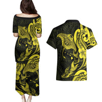 Hawaiian Manta Rays Couples Matching Puletasi and Hawaiian Shirt Tribal Hibiscus Polynesian Tattoos Yellow Color - Polynesian Pride