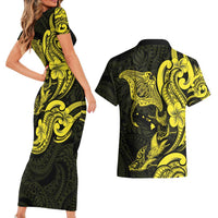 Hawaiian Manta Rays Couples Matching Short Sleeve Bodycon Dress and Hawaiian Shirt Tribal Hibiscus Polynesian Tattoos Yellow Color - Polynesian Pride