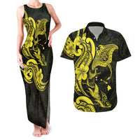 Hawaiian Manta Rays Couples Matching Tank Maxi Dress and Hawaiian Shirt Tribal Hibiscus Polynesian Tattoos Yellow Color - Polynesian Pride