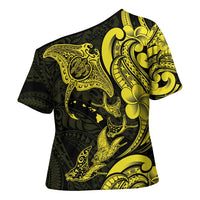 Hawaiian Manta Rays Cross Shoulder Shirt Tribal Hibiscus Polynesian Tattoos Yellow Color - Polynesian Pride