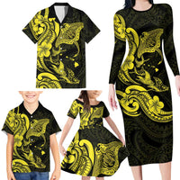 Hawaiian Manta Rays Family Matching Long Sleeve Bodycon Dress and Hawaiian Shirt Tribal Hibiscus Polynesian Tattoos Yellow Color - Polynesian Pride