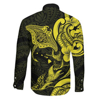 Hawaiian Manta Rays Family Matching Long Sleeve Bodycon Dress and Hawaiian Shirt Tribal Hibiscus Polynesian Tattoos Yellow Color - Polynesian Pride