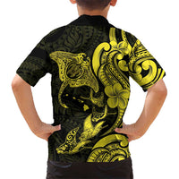 Hawaiian Manta Rays Family Matching Mermaid Dress and Hawaiian Shirt Tribal Hibiscus Polynesian Tattoos Yellow Color - Polynesian Pride