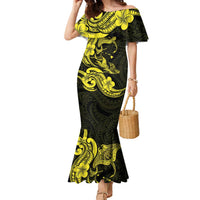 Hawaiian Manta Rays Family Matching Mermaid Dress and Hawaiian Shirt Tribal Hibiscus Polynesian Tattoos Yellow Color - Polynesian Pride