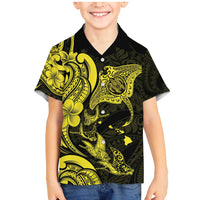 Hawaiian Manta Rays Family Matching Mermaid Dress and Hawaiian Shirt Tribal Hibiscus Polynesian Tattoos Yellow Color - Polynesian Pride