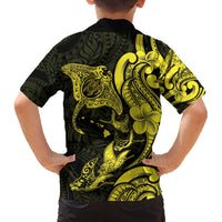 Hawaiian Manta Rays Family Matching Off The Shoulder Long Sleeve Dress and Hawaiian Shirt Tribal Hibiscus Polynesian Tattoos Yellow Color - Polynesian Pride