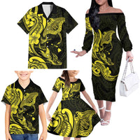 Hawaiian Manta Rays Family Matching Off The Shoulder Long Sleeve Dress and Hawaiian Shirt Tribal Hibiscus Polynesian Tattoos Yellow Color - Polynesian Pride