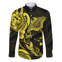 Hawaiian Manta Rays Family Matching Off The Shoulder Long Sleeve Dress and Hawaiian Shirt Tribal Hibiscus Polynesian Tattoos Yellow Color - Polynesian Pride