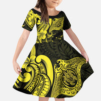 Hawaiian Manta Rays Family Matching Off Shoulder Short Dress and Hawaiian Shirt Tribal Hibiscus Polynesian Tattoos Yellow Color - Polynesian Pride