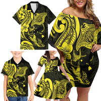 Hawaiian Manta Rays Family Matching Off Shoulder Short Dress and Hawaiian Shirt Tribal Hibiscus Polynesian Tattoos Yellow Color - Polynesian Pride