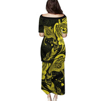 Hawaiian Manta Rays Family Matching Puletasi and Hawaiian Shirt Tribal Hibiscus Polynesian Tattoos Yellow Color - Polynesian Pride