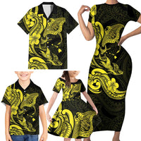 Hawaiian Manta Rays Family Matching Short Sleeve Bodycon Dress and Hawaiian Shirt Tribal Hibiscus Polynesian Tattoos Yellow Color - Polynesian Pride