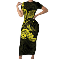 Hawaiian Manta Rays Family Matching Short Sleeve Bodycon Dress and Hawaiian Shirt Tribal Hibiscus Polynesian Tattoos Yellow Color - Polynesian Pride