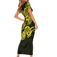 Hawaiian Manta Rays Family Matching Short Sleeve Bodycon Dress and Hawaiian Shirt Tribal Hibiscus Polynesian Tattoos Yellow Color - Polynesian Pride