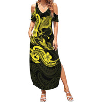 Hawaiian Manta Rays Family Matching Summer Maxi Dress and Hawaiian Shirt Tribal Hibiscus Polynesian Tattoos Yellow Color - Polynesian Pride