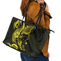 Hawaiian Manta Rays Leather Tote Bag Tribal Hibiscus Polynesian Tattoos Yellow Color - Polynesian Pride