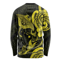 Hawaiian Manta Rays Long Sleeve Shirt Tribal Hibiscus Polynesian Tattoos Yellow Color - Polynesian Pride