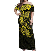 Hawaiian Manta Rays Off Shoulder Maxi Dress Tribal Hibiscus Polynesian Tattoos Yellow Color - Polynesian Pride