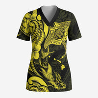 Hawaiian Manta Rays Scrub Top Tribal Hibiscus Polynesian Tattoos Yellow Color - Polynesian Pride