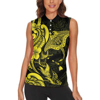Hawaiian Manta Rays Women Sleeveless Polo Shirt Tribal Hibiscus Polynesian Tattoos Yellow Color - Polynesian Pride