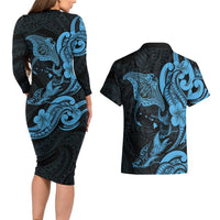 Hawaiian Manta Rays Couples Matching Long Sleeve Bodycon Dress and Hawaiian Shirt Tribal Hibiscus Polynesian Tattoos Blue Color - Polynesian Pride