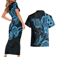 Hawaiian Manta Rays Couples Matching Short Sleeve Bodycon Dress and Hawaiian Shirt Tribal Hibiscus Polynesian Tattoos Blue Color - Polynesian Pride