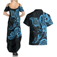 Hawaiian Manta Rays Couples Matching Summer Maxi Dress and Hawaiian Shirt Tribal Hibiscus Polynesian Tattoos Blue Color - Polynesian Pride