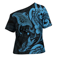 Hawaiian Manta Rays Cross Shoulder Shirt Tribal Hibiscus Polynesian Tattoos Blue Color LT03 - Polynesian Pride
