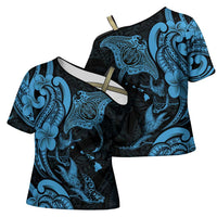 Hawaiian Manta Rays Cross Shoulder Shirt Tribal Hibiscus Polynesian Tattoos Blue Color LT03 - Polynesian Pride