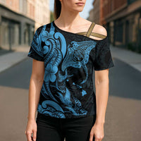Hawaiian Manta Rays Cross Shoulder Shirt Tribal Hibiscus Polynesian Tattoos Blue Color LT03 - Polynesian Pride